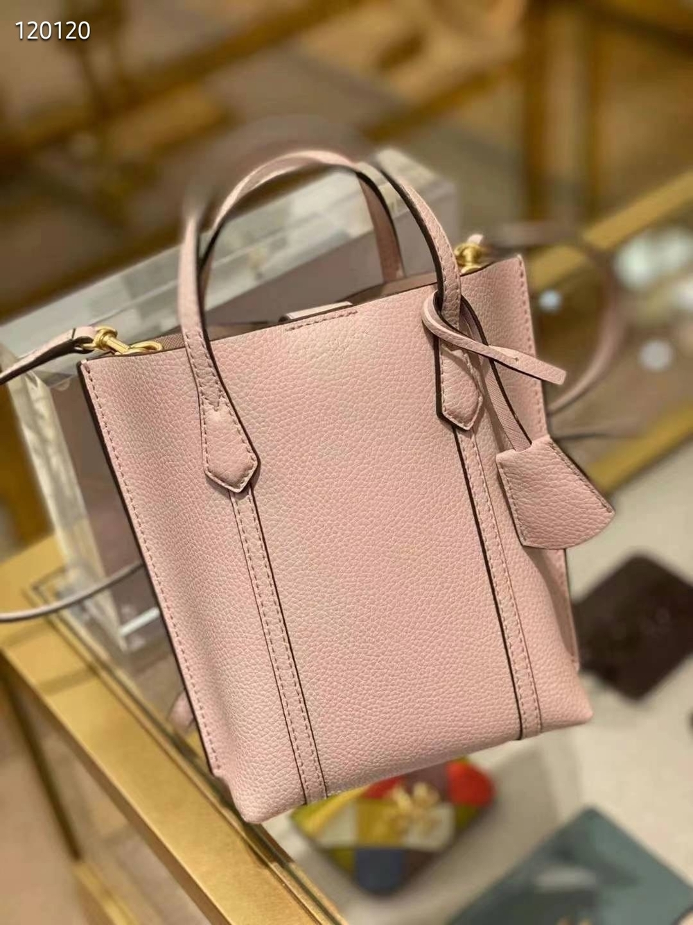 Tory Burch mini Perry Pale Pink Leather Tote with Top Handles